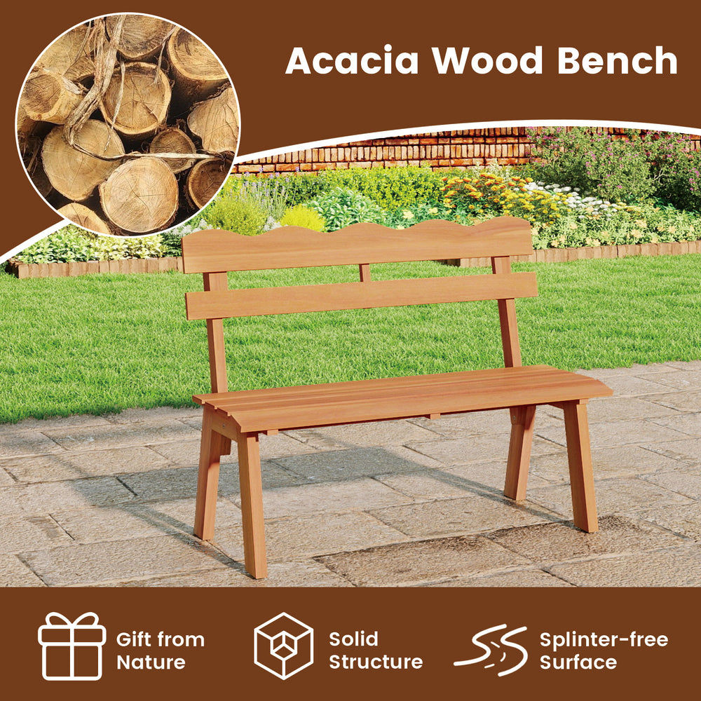 Outdoor acacia wood garden bench with ergonomic backrest, splinter-free surface, and 800 lbs weight capacity for patio.