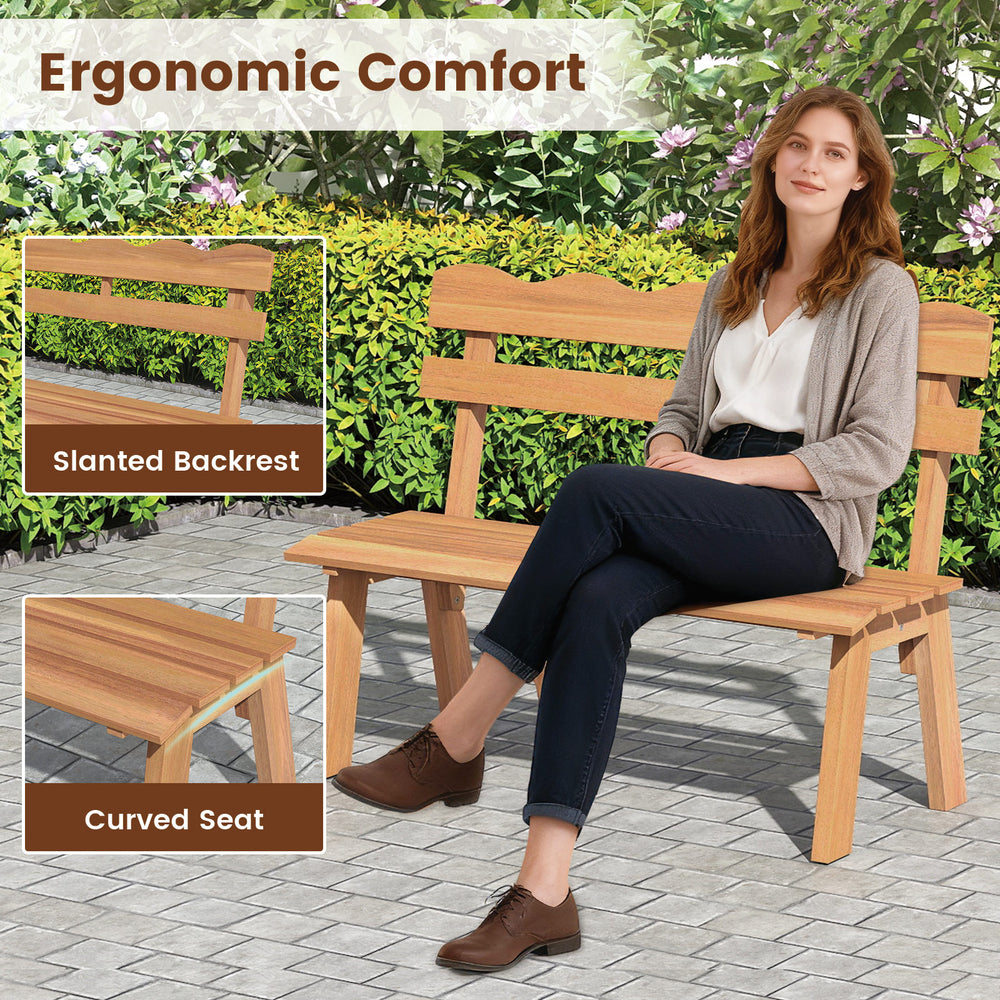 Outdoor acacia wood garden bench with ergonomic backrest and contoured seat, perfect for patio or garden relaxation.