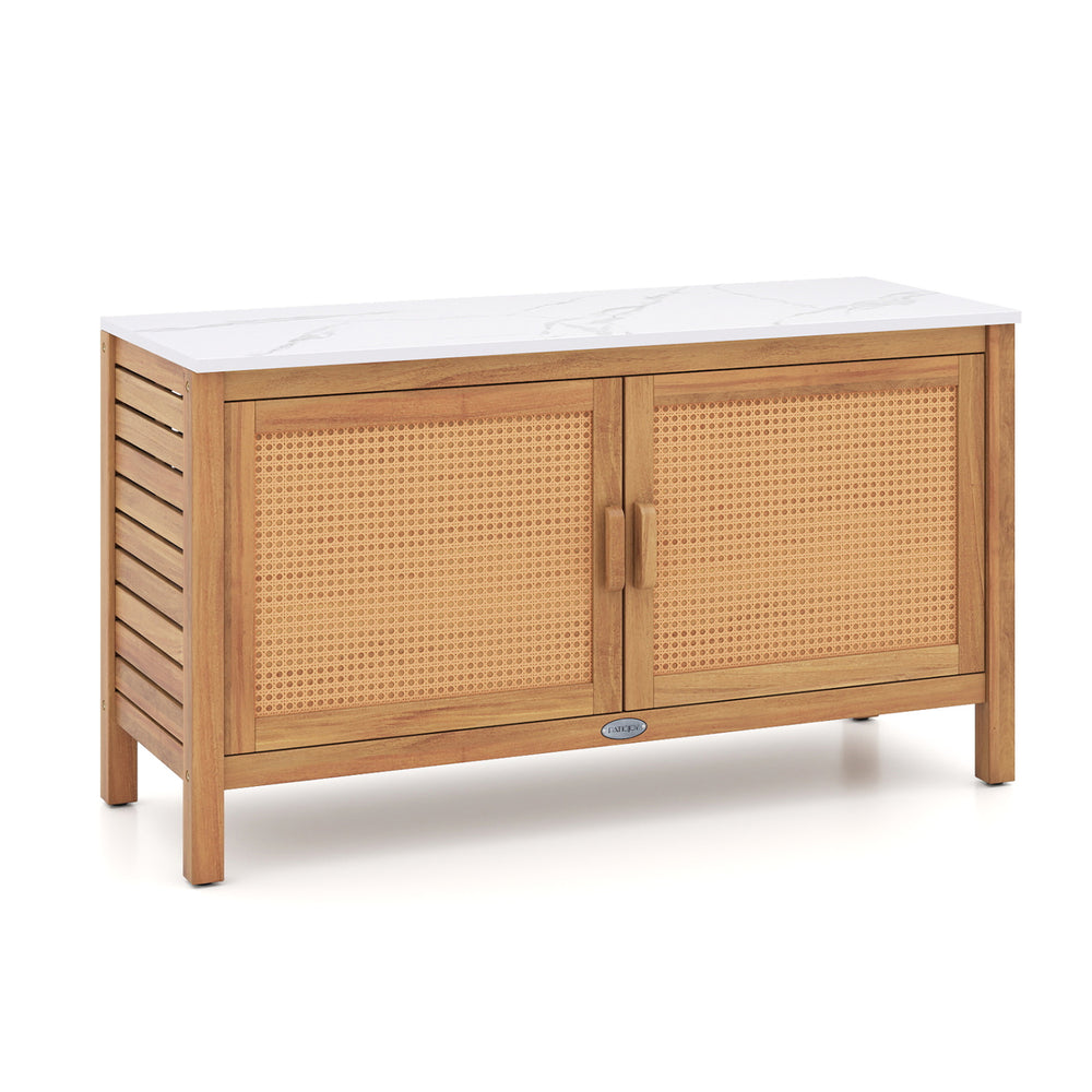 Outdoor acacia wood storage cabinet with faux marble top and rattan doors, ideal for garden tools and versatile use.