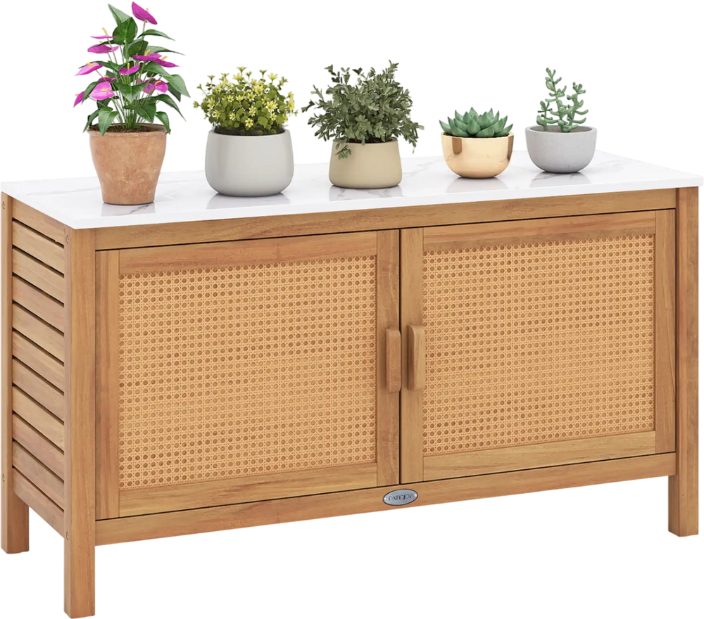Outdoor Acacia Wood Storage Cabinet Outside Tool Cabinet with Fax Marble Top