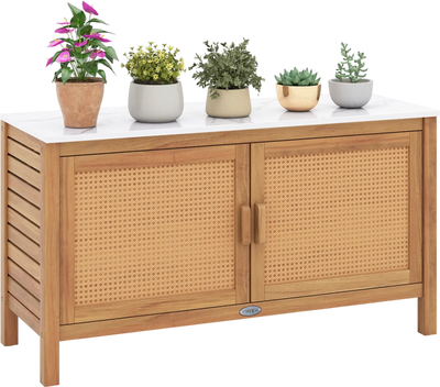 Costway Outdoor Acacia Wood Storage Cabinet Tool Cabinet Marble Top 30739226 New