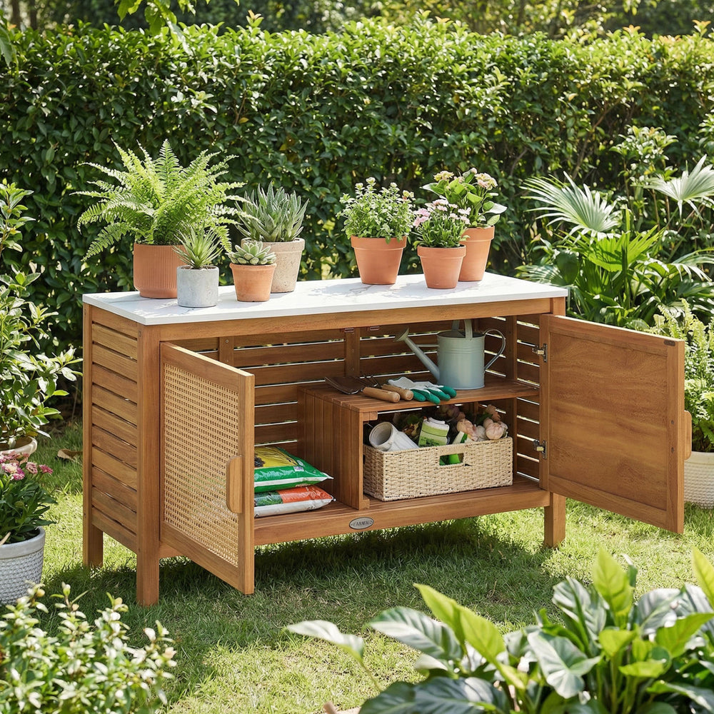 Outdoor acacia wood storage cabinet with faux marble top, featuring rattan doors and spacious shelves for garden tools.