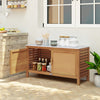 Acacia wood storage cabinet with faux marble top, showcasing rattan doors and ample storage for outdoor tools and.