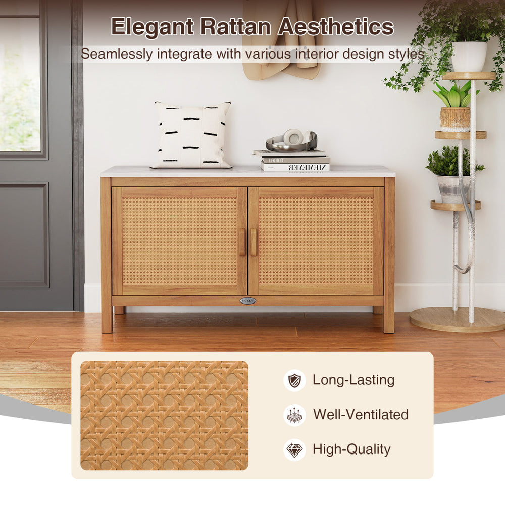 Close-up of the rattan door texture on the outdoor acacia wood storage cabinet, showcasing high-quality craftsmanship.