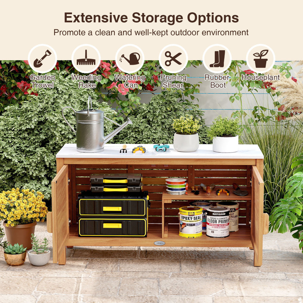 Outdoor acacia wood storage cabinet with faux marble top, featuring spacious shelves for garden tools and accessories.