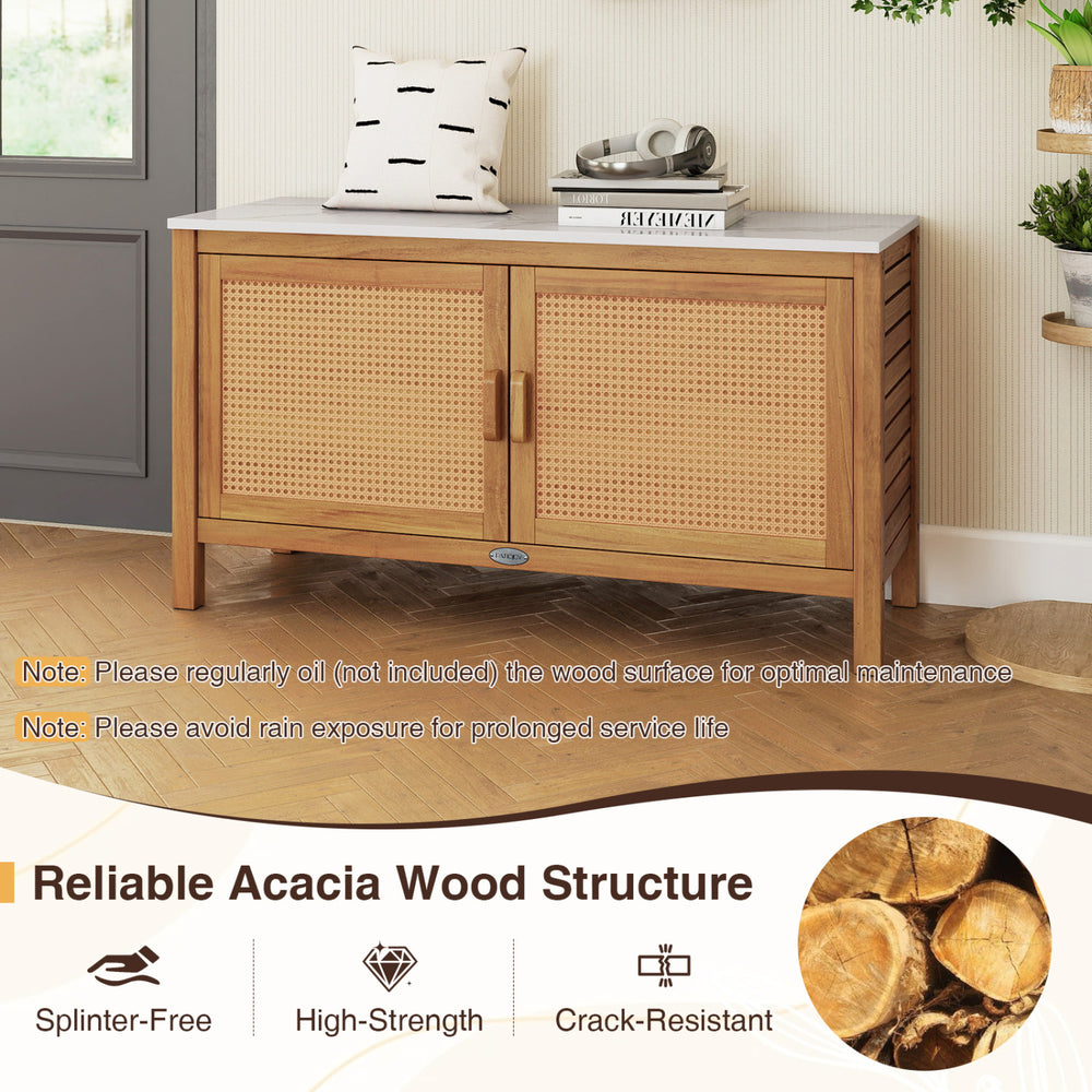 Detailed view of the outdoor acacia wood storage cabinet's faux marble top, highlighting its elegant design for.