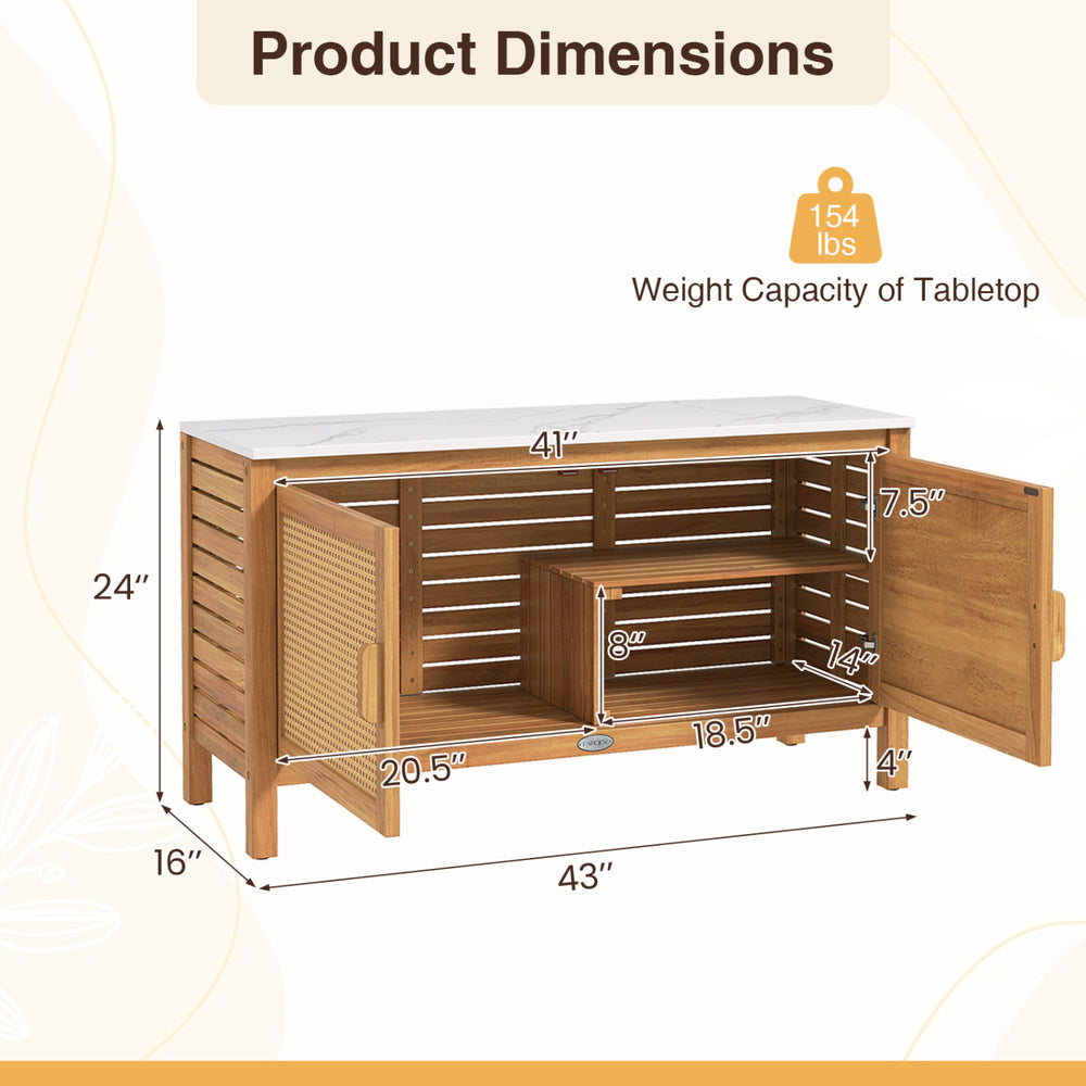Dimensions of the outdoor acacia wood storage cabinet with faux marble top, showcasing its spacious tabletop and.