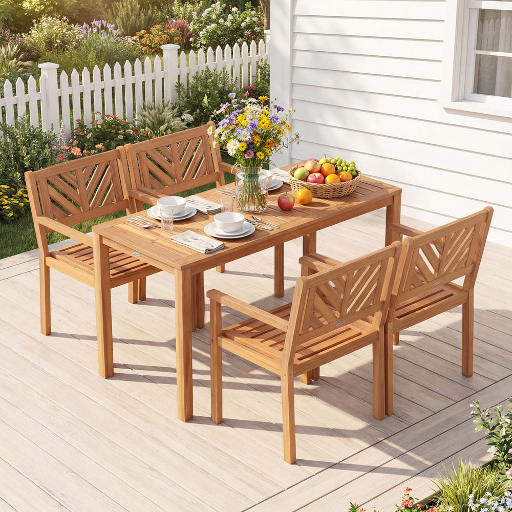Acacia wood patio dining chairs set of 2 with ergonomic backrest and wide seats, perfect for outdoor relaxation.