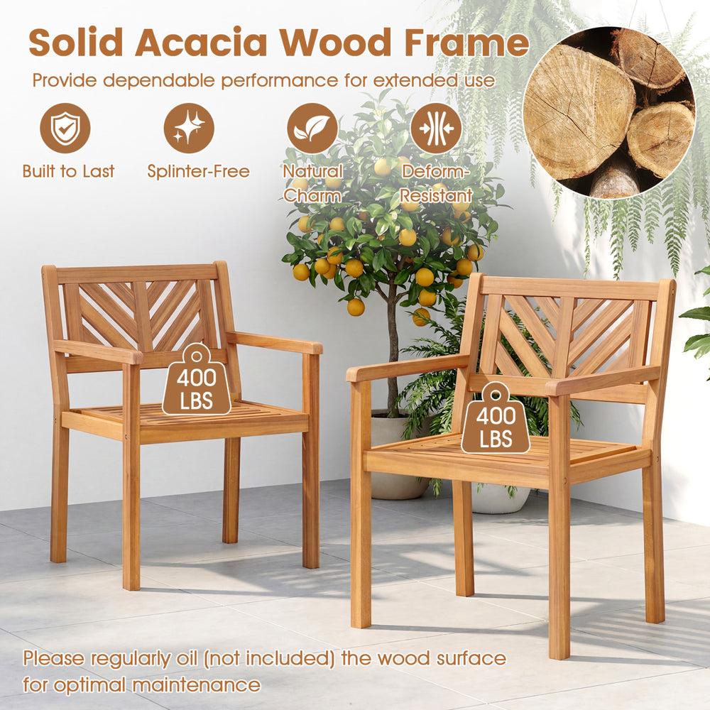 Set of 2 outdoor acacia wood patio dining chairs with ergonomic backrest and 400 lbs capacity for comfortable garden.