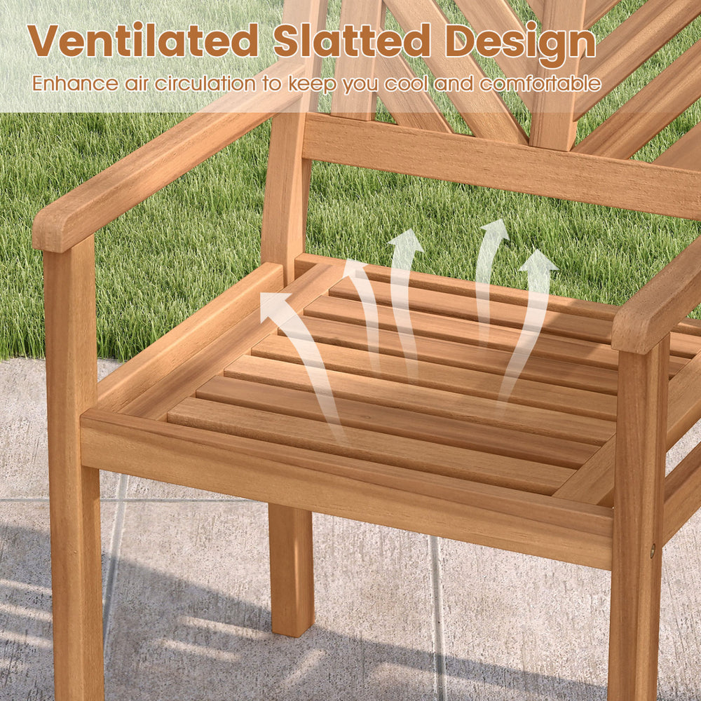 Ventilated slatted design of outdoor acacia wood dining chair enhances airflow for cool and comfortable seating.