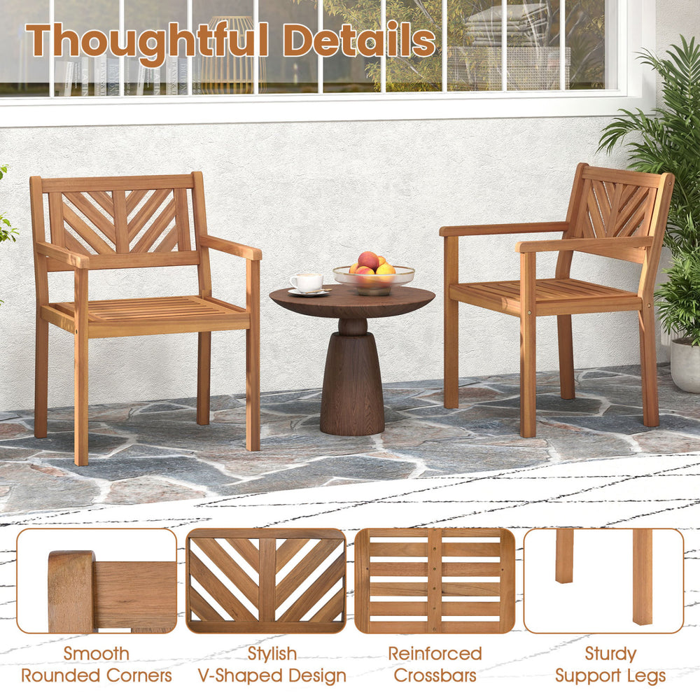 Outdoor acacia wood patio dining chairs with ergonomic backrest and smooth armrests, perfect for garden seating.