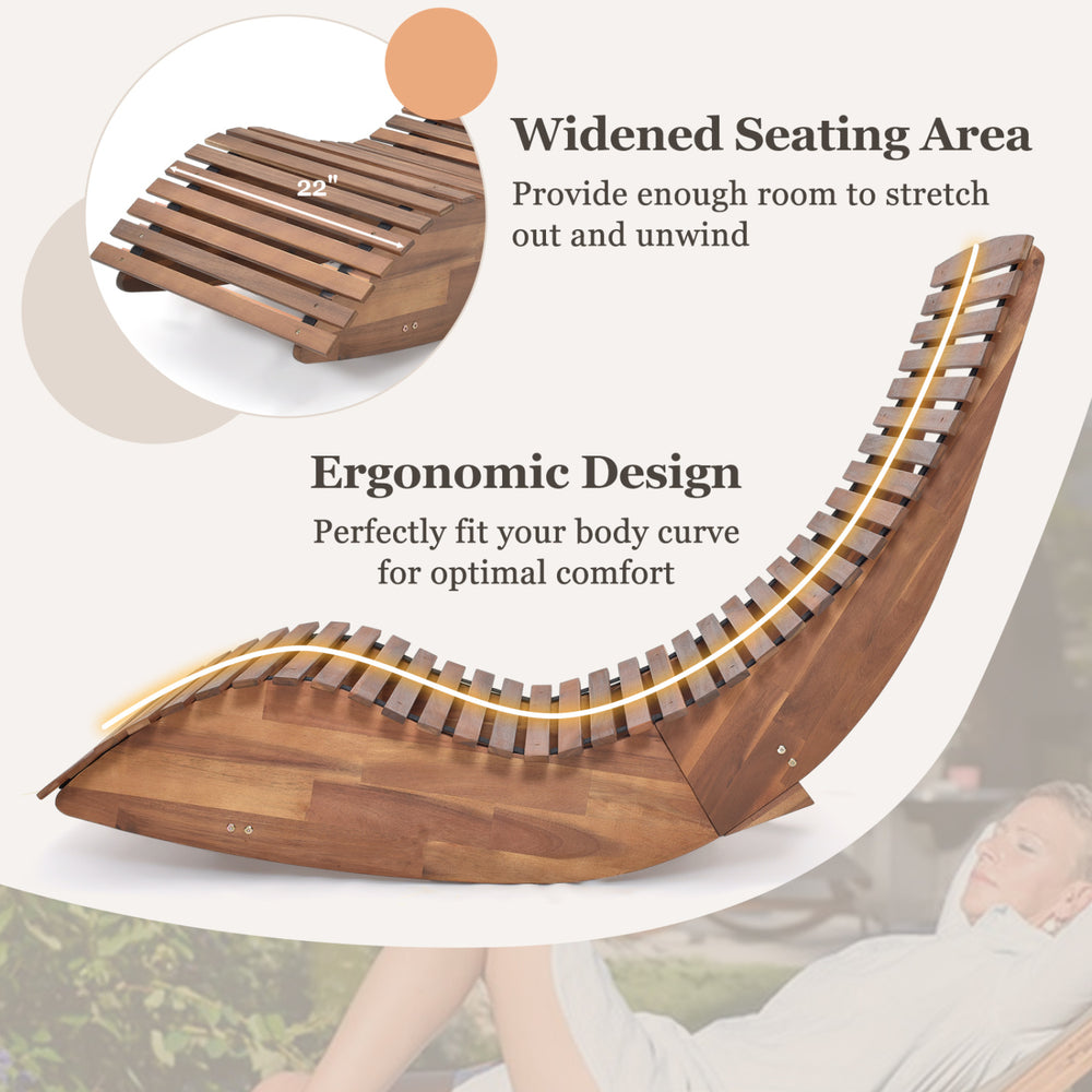 Outdoor acacia wood rocking chair with widened slatted seat, ergonomic design, perfect for backyard relaxation.