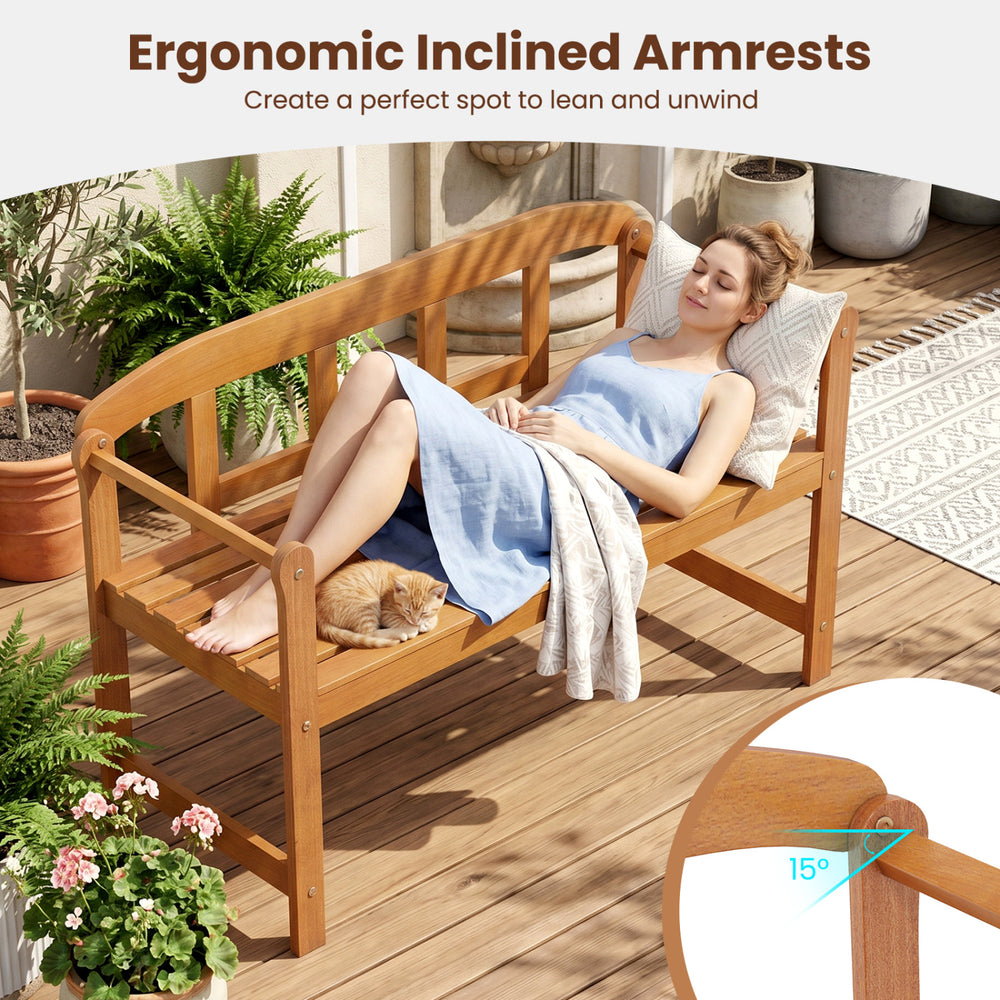 Outdoor acacia wood garden bench with ergonomic inclined armrests, perfect for relaxing on the porch or backyard.