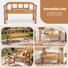 Outdoor acacia wood garden bench with backrest and angled armrests, perfect for porch or balcony seating.