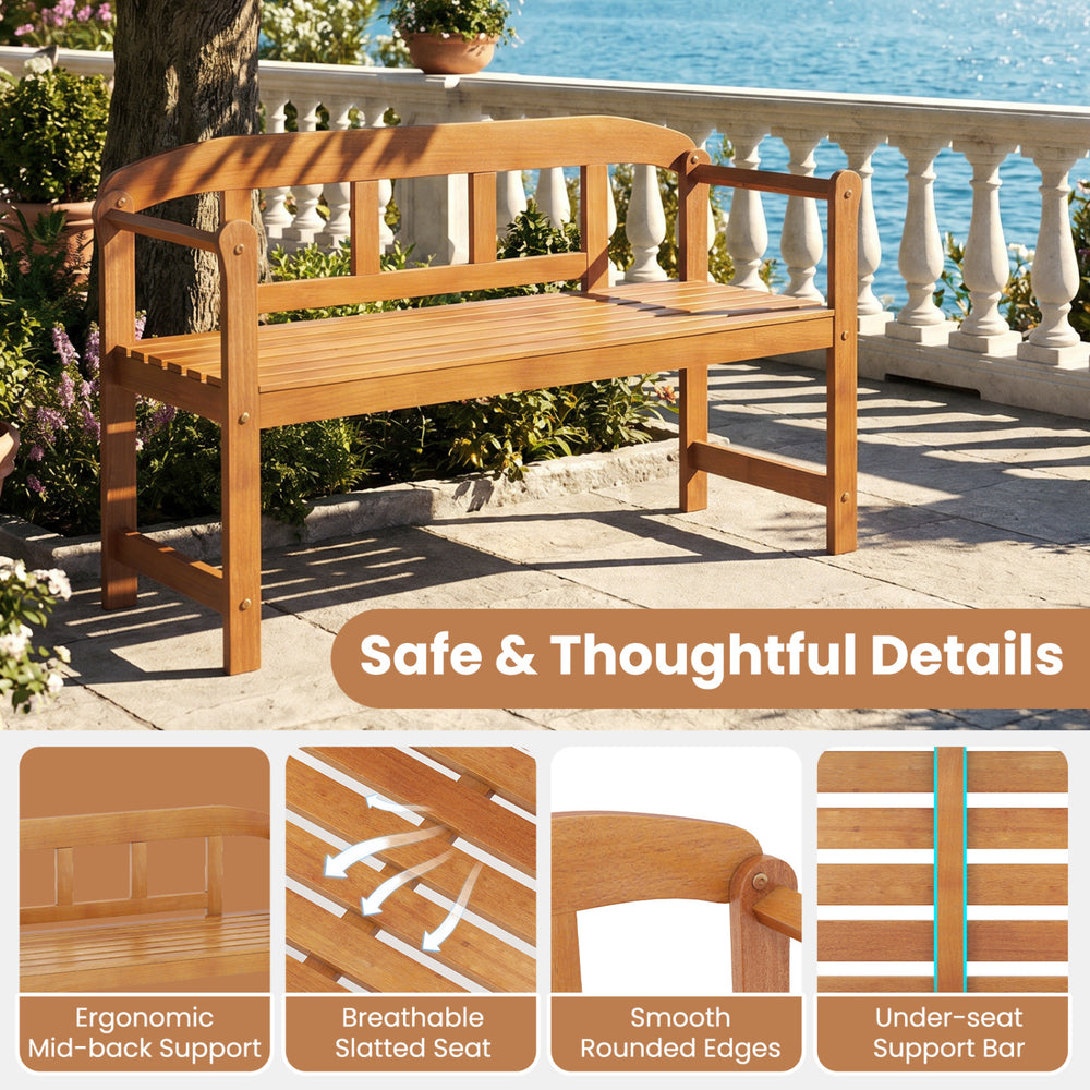 Outdoor acacia wood garden bench with ergonomic backrest and angled armrests, perfect for porch or backyard relaxation.