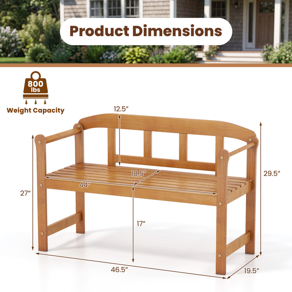Outdoor acacia wood garden bench dimensions showing 2-seater design, 800 lbs capacity, ideal for patio or backyard use.