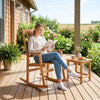 Acacia wood rocking chair with high back and armrests, perfect for outdoor relaxation on patios or porches.