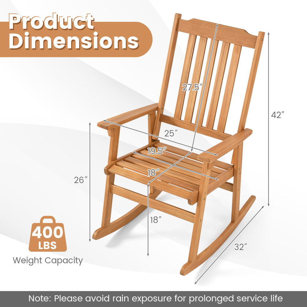 Acacia wood rocking chair with high back and armrests, supporting 400 lbs, ideal for outdoor relaxation on patios.