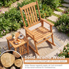 Outdoor acacia wood rocking chair with high back and armrests, perfect for patio relaxation and sunbathing.