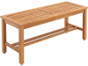 Acacia wood patio bench for 2 features a slatted seat, sturdy construction, and adjustable foot pads for stability.