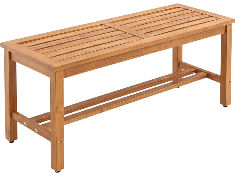 Acacia wood patio bench for 2 features a slatted seat, sturdy construction, and adjustable foot pads for stability.