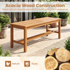 Outdoor acacia wood patio bench for 2 features a slatted seat, sturdy construction, and a warm natural finish for outdoor spaces.
