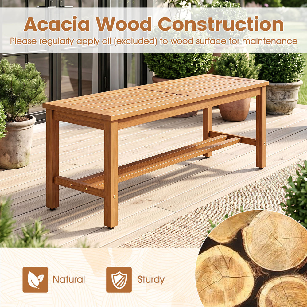Outdoor acacia wood patio bench for 2 features a slatted seat, sturdy construction, and a warm natural finish for outdoor spaces.