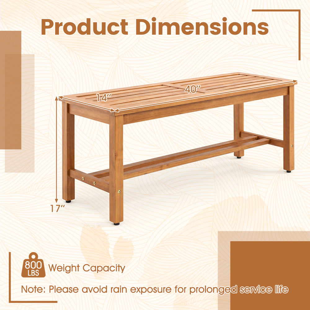 Outdoor acacia wood patio bench with slatted seat, 800 lbs capacity, ideal for comfortable seating in gardens or backyards.