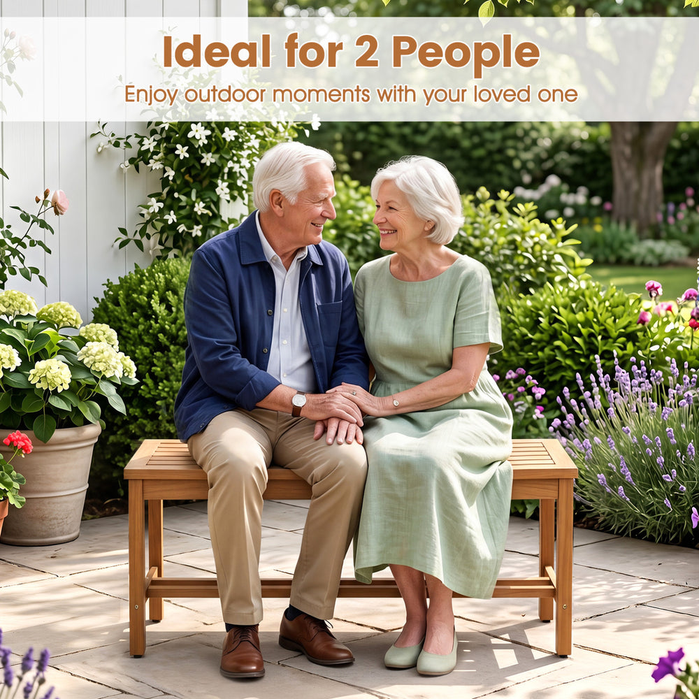 Outdoor acacia wood patio bench for 2 features a slatted seat, ideal for comfortable shared moments in your garden.
