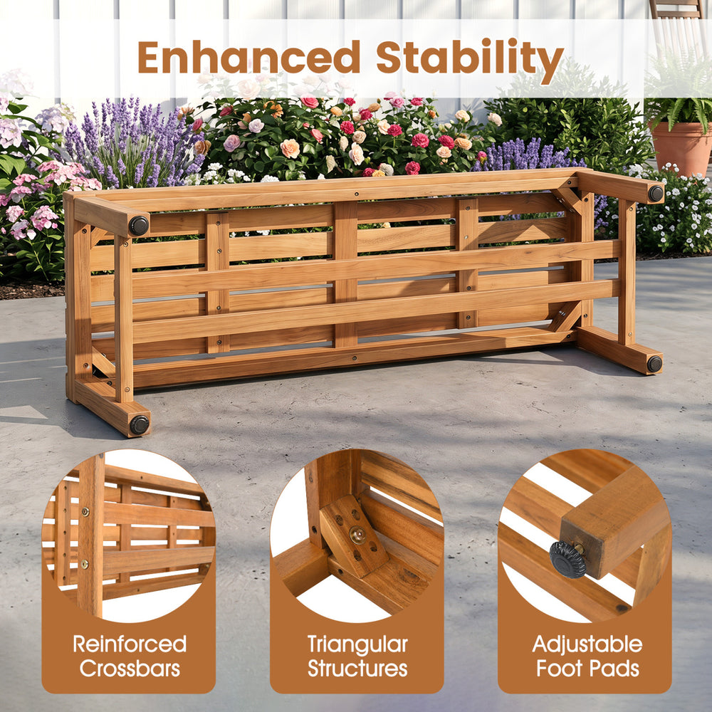 Acacia wood patio bench for 2 features reinforced crossbars, triangular supports, and adjustable foot pads for stability.