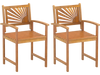 Set of 2 outdoor acacia wood dining chairs with slatted seats and curved armrests for comfortable patio seating.