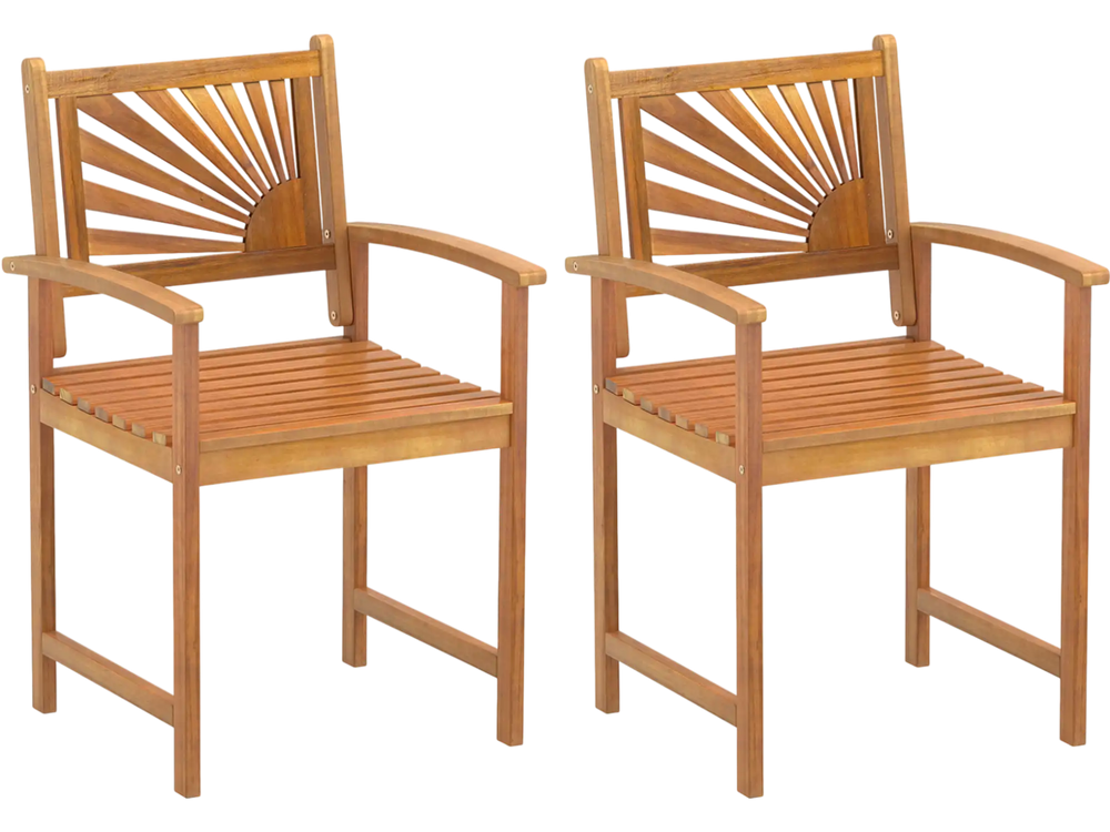 Set of 2 outdoor acacia wood dining chairs with slatted seats and curved armrests for comfortable patio seating.
