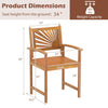 Outdoor acacia wood dining chair with slatted seat and curved armrests, ideal for patio or garden use.
