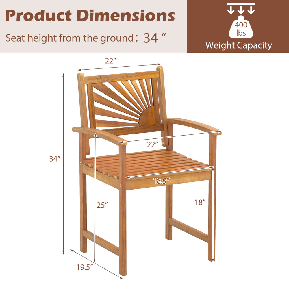 Outdoor acacia wood dining chair with slatted seat and curved armrests, ideal for patio or garden use.