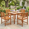 Set of two outdoor acacia wood dining chairs with slatted seats and curved armrests, perfect for patio or garden use.