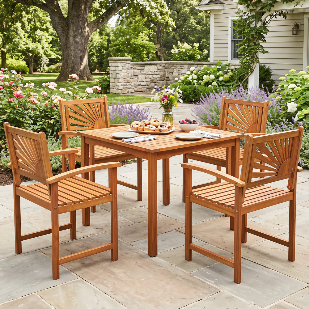 Set of two outdoor acacia wood dining chairs with slatted seats and curved armrests, perfect for patio or garden use.