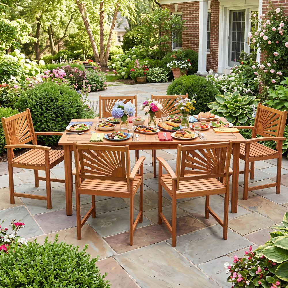 Outdoor acacia wood dining chairs set of 2 with slatted seats and curved armrests, perfect for patio or garden use.