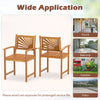 Outdoor acacia wood dining chairs set of 2 with slatted seats and curved armrests, perfect for patio and garden use.