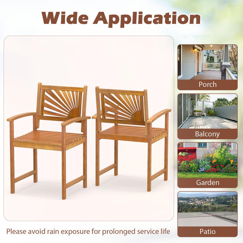 Outdoor acacia wood dining chairs set of 2 with slatted seats and curved armrests, perfect for patio and garden use.