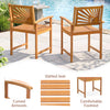 Outdoor acacia wood dining chairs set of 2 features slatted seats and curved armrests, perfect for patio relaxation.