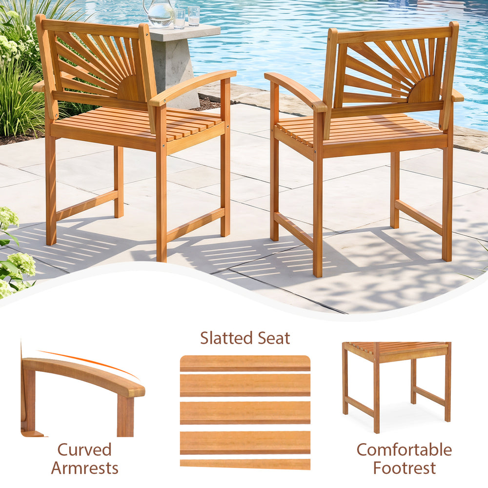 Outdoor acacia wood dining chairs set of 2 features slatted seats and curved armrests, perfect for patio relaxation.