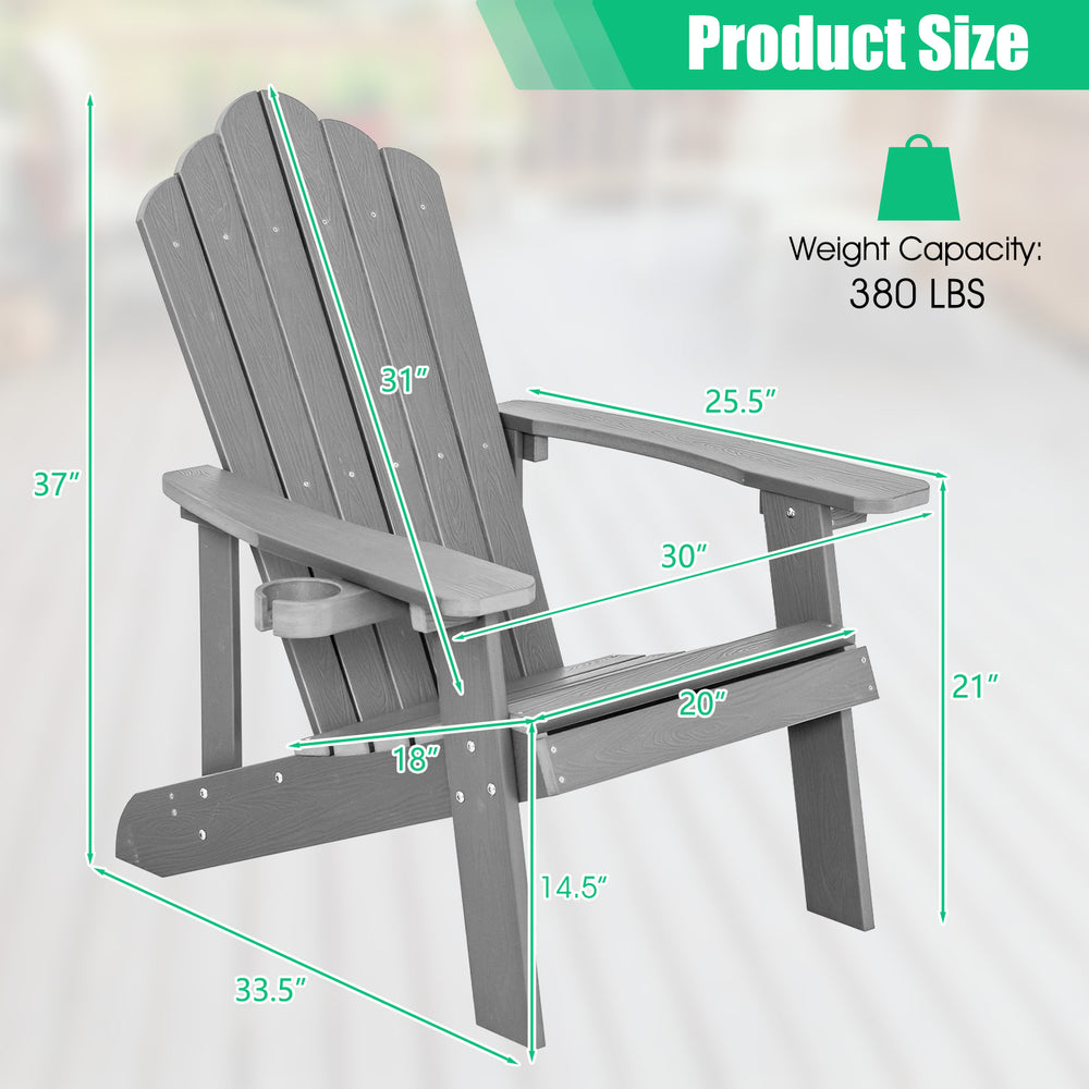 Adirondack chair in gray with dimensions, featuring a cup holder and ergonomic design for outdoor comfort.