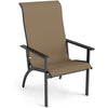 High-back outdoor Adirondack chair with a metal frame and breathable fabric, perfect for patio and garden relaxation.
