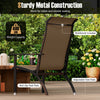 Outdoor Adirondack chair with high back and sturdy metal frame, featuring adjustable foot pads for stable seating.