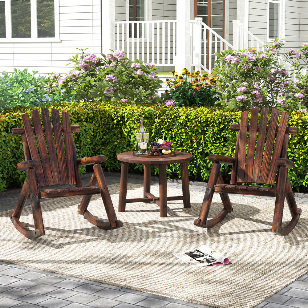 Adirondack rocking chairs made of solid wood in brown, perfect for outdoor relaxation on the porch or patio.