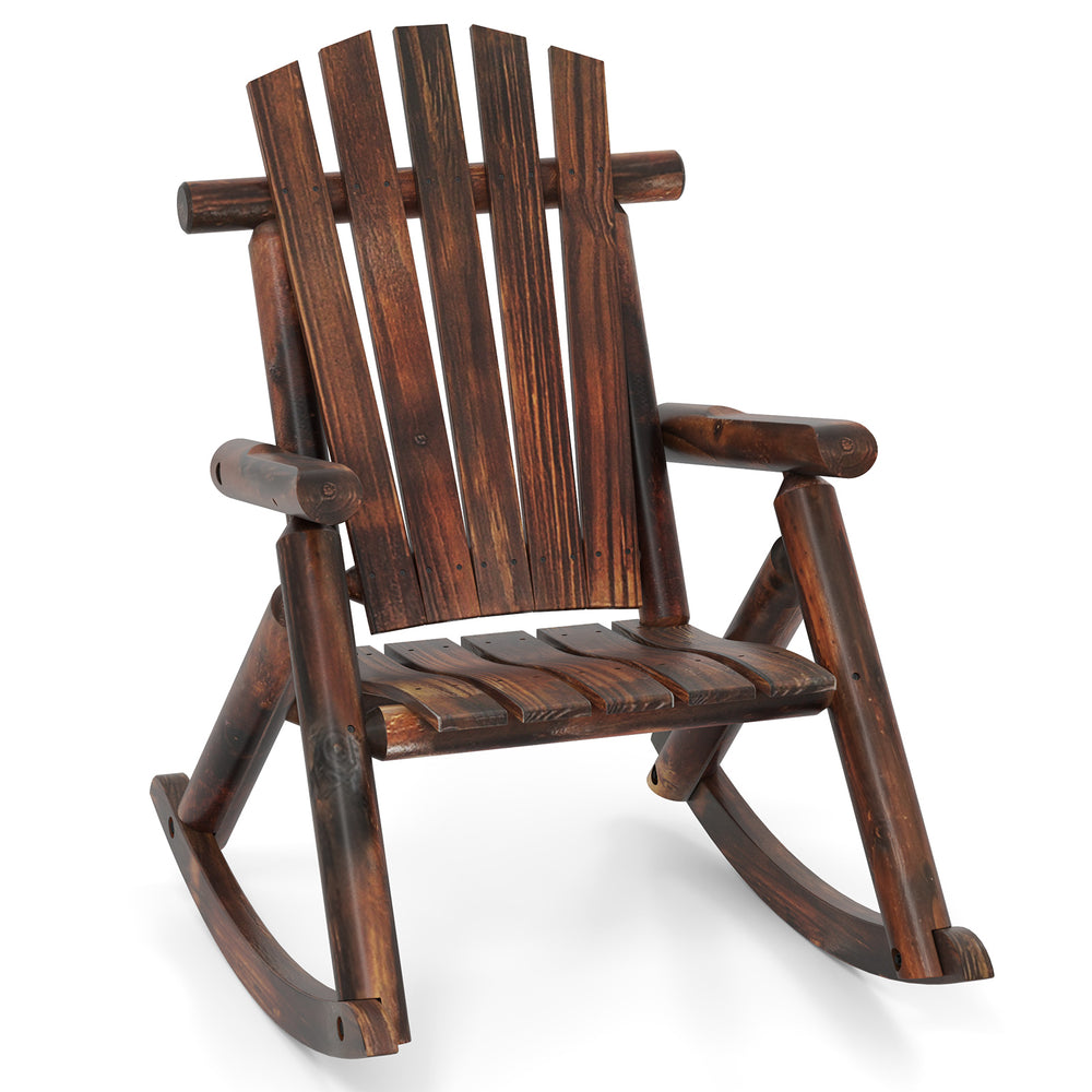 Adirondack rocking chair in brown solid wood, featuring a slatted design and ergonomic support for outdoor relaxation.
