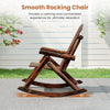 Side view of the brown outdoor Adirondack rocking chair, made of solid wood for stable support and ergonomic comfort.