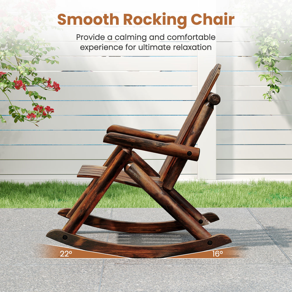 Side view of the brown outdoor Adirondack rocking chair, made of solid wood for stable support and ergonomic comfort.