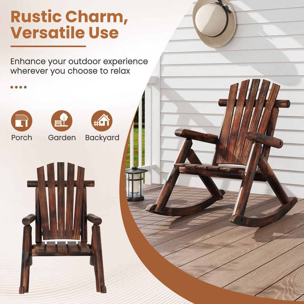Outdoor Adirondack rocking chair in brown wood, designed for comfort and stability, perfect for porch or garden.