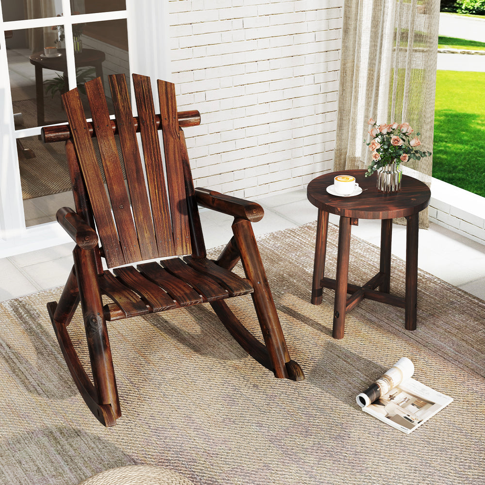 Adirondack rocking chair in brown solid wood, featuring a slatted design for breathability, perfect for outdoor.